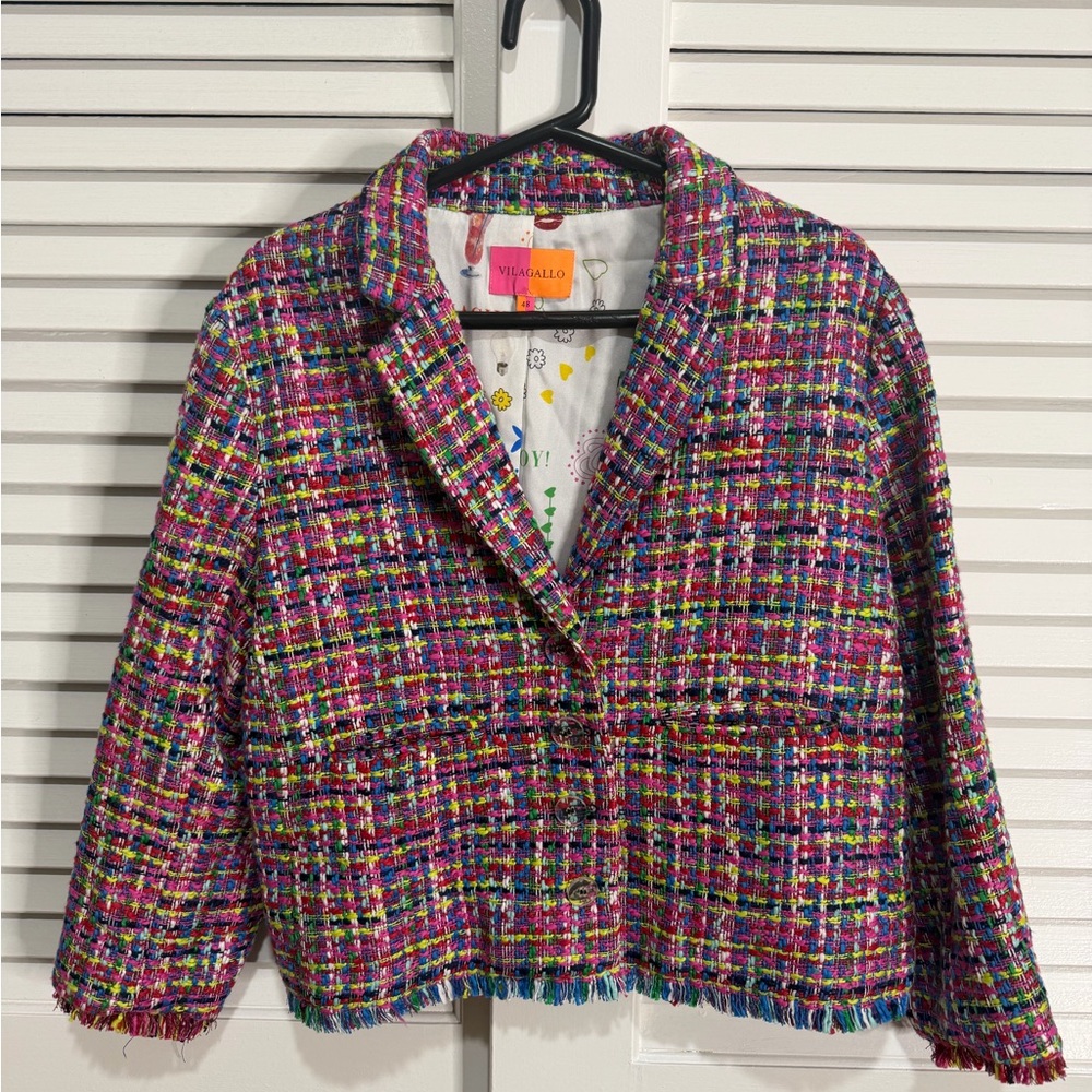 Vilagallo Multicolor Tweed Blazer Cropped Statement Jacket Size 48 - Picture 2 of 9